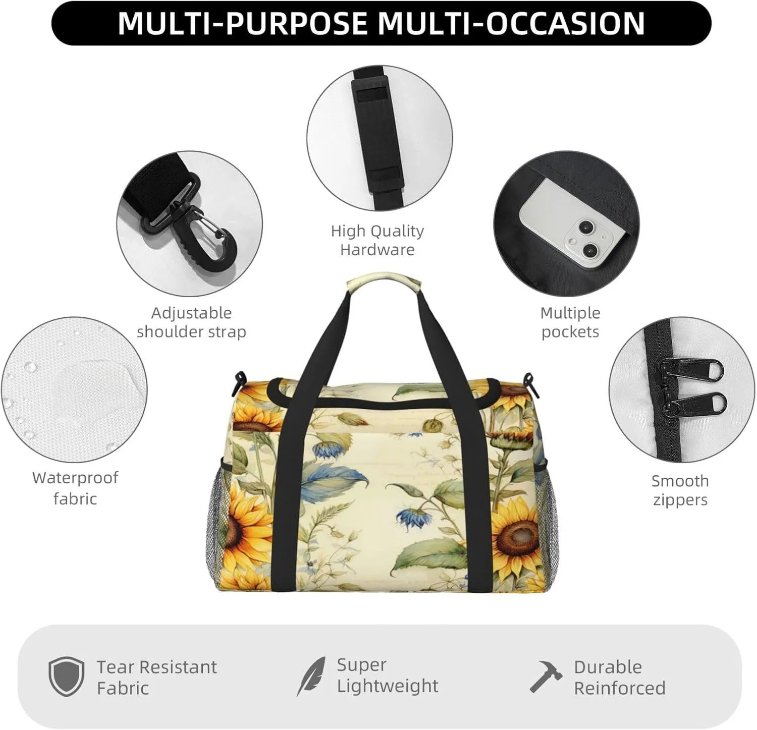 Travel Duffel Bag For Men Women, Vantage Sunflower Old Newspaper Carry On Sport Gym Bag With Shoulder Strap Lightweight Waterproof Weekender Bag Overnight Bag