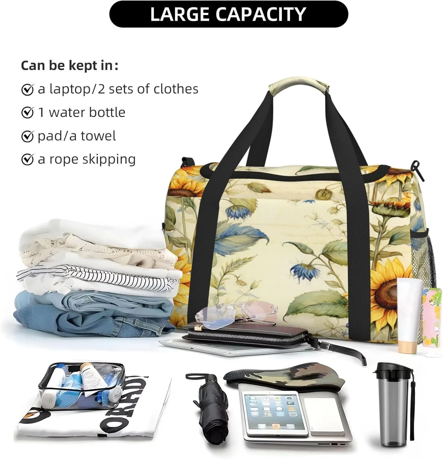 Travel Duffel Bag For Men Women, Vantage Sunflower Old Newspaper Carry On Sport Gym Bag With Shoulder Strap Lightweight Waterproof Weekender Bag Overnight Bag