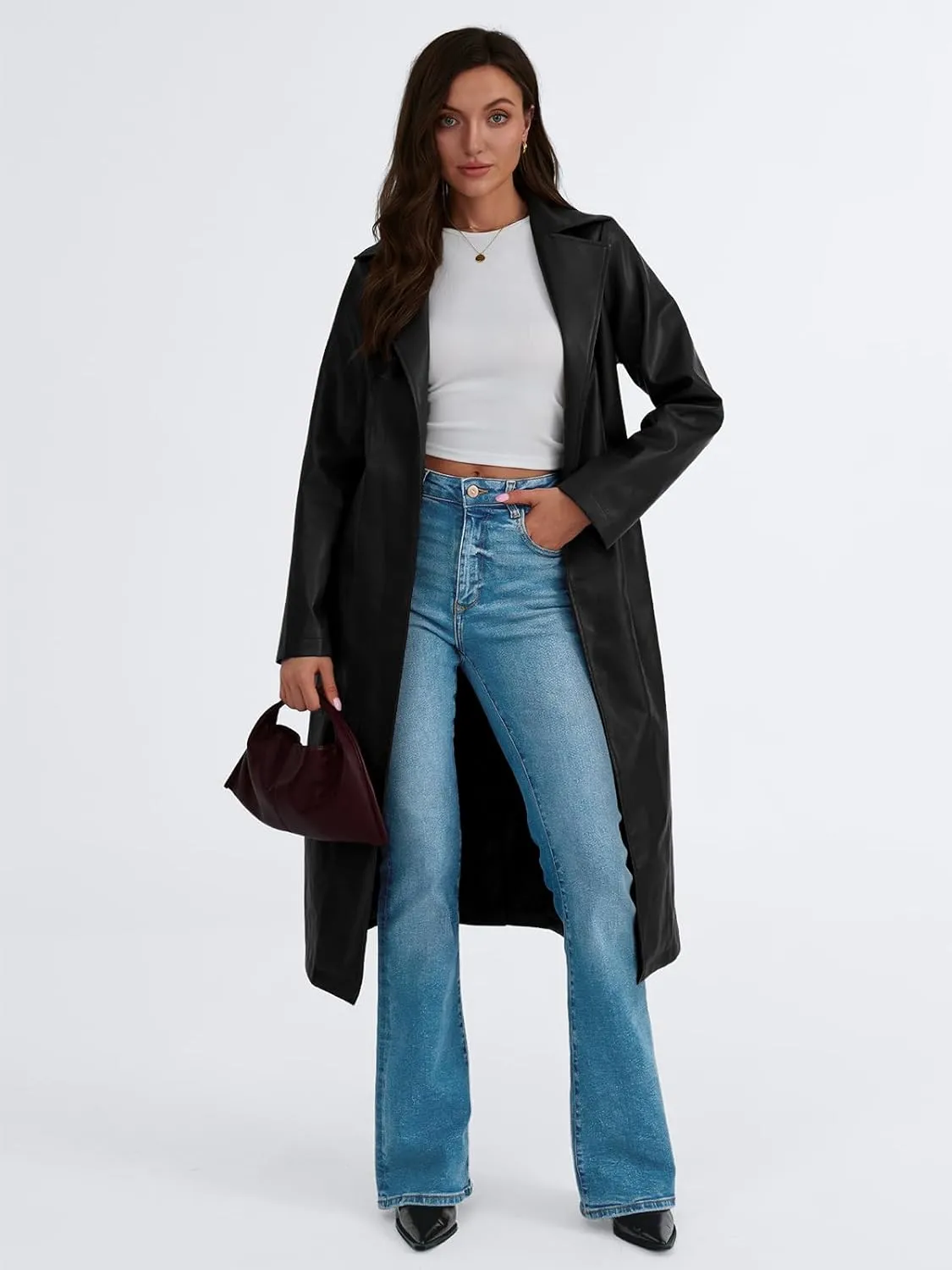 Trendy Queen Womens Long Leather Jackets Trench Coat Blazer Lapel Faux Open Front with Belt