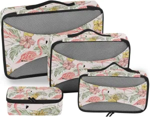 Tropical Pink Flamingos Pineapples Hibiscus Flowers Palm leaves 4 PCs Set Packing Bags, Luggage Organizer Bag, Portable Cube Toiletry bag, Durable Travel Cosmetic Storage Bag for Men Women