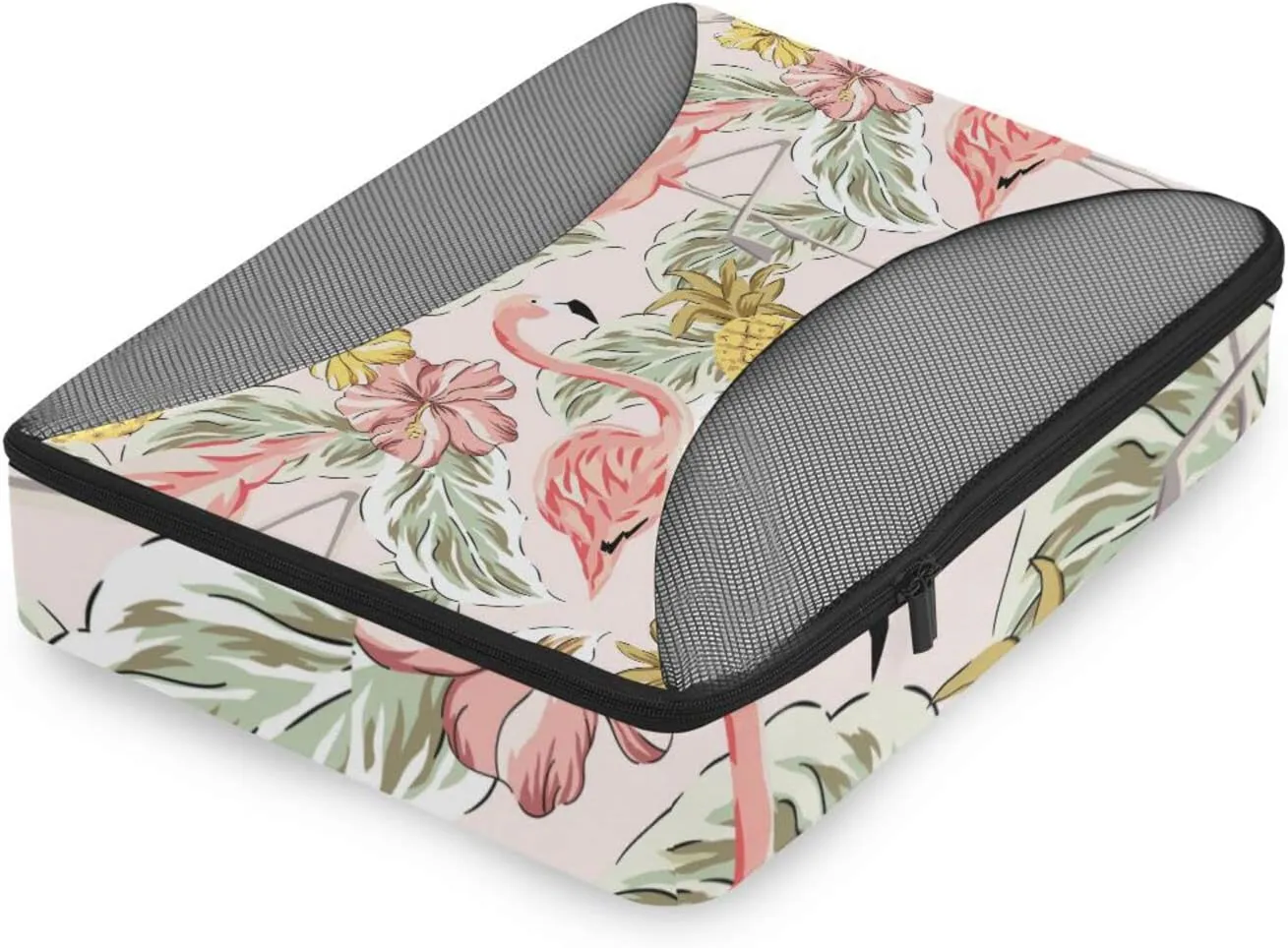 Tropical Pink Flamingos Pineapples Hibiscus Flowers Palm leaves 4 PCs Set Packing Bags, Luggage Organizer Bag, Portable Cube Toiletry bag, Durable Travel Cosmetic Storage Bag for Men Women