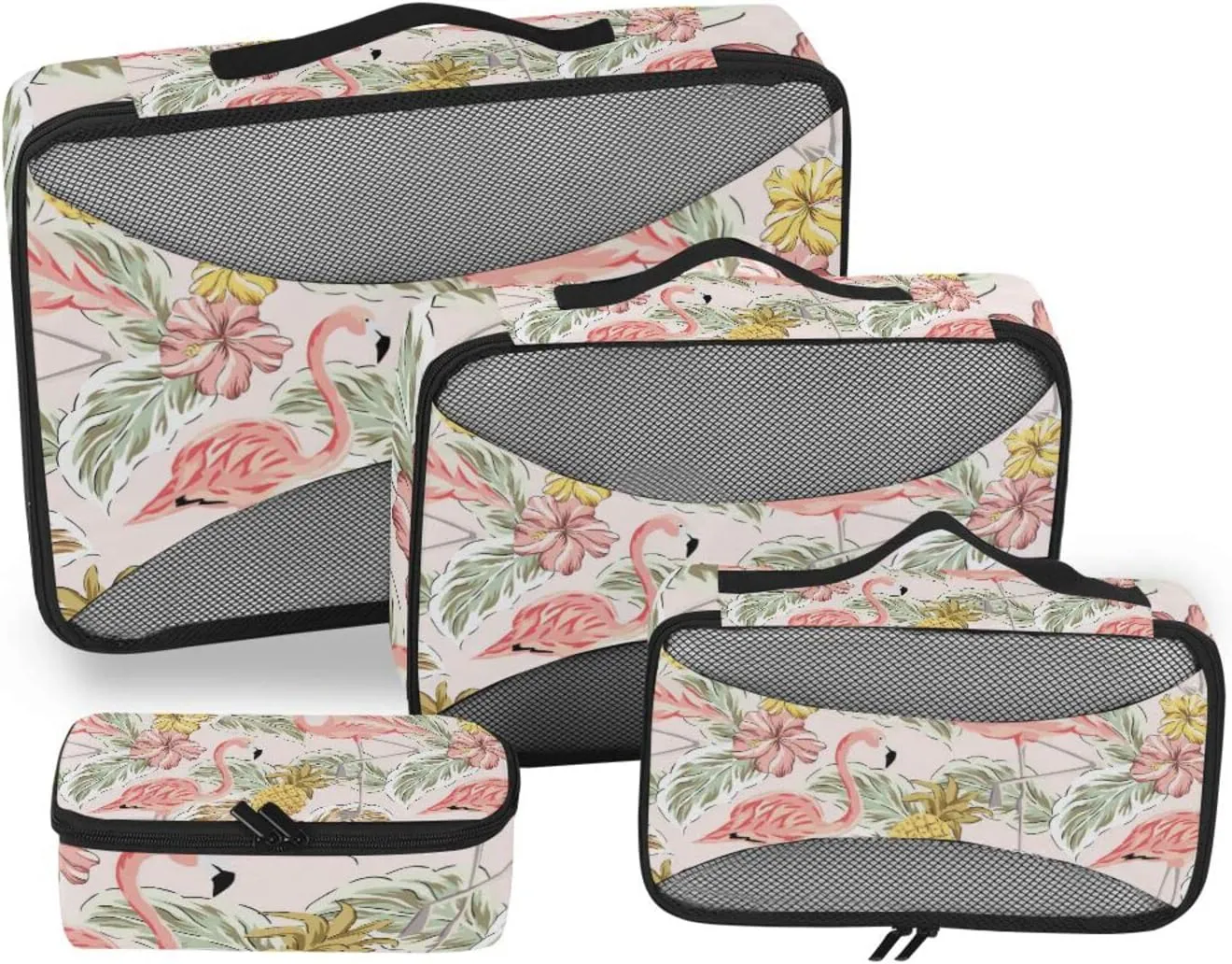Tropical Pink Flamingos Pineapples Hibiscus Flowers Palm leaves 4 PCs Set Packing Bags, Luggage Organizer Bag, Portable Cube Toiletry bag, Durable Travel Cosmetic Storage Bag for Men Women