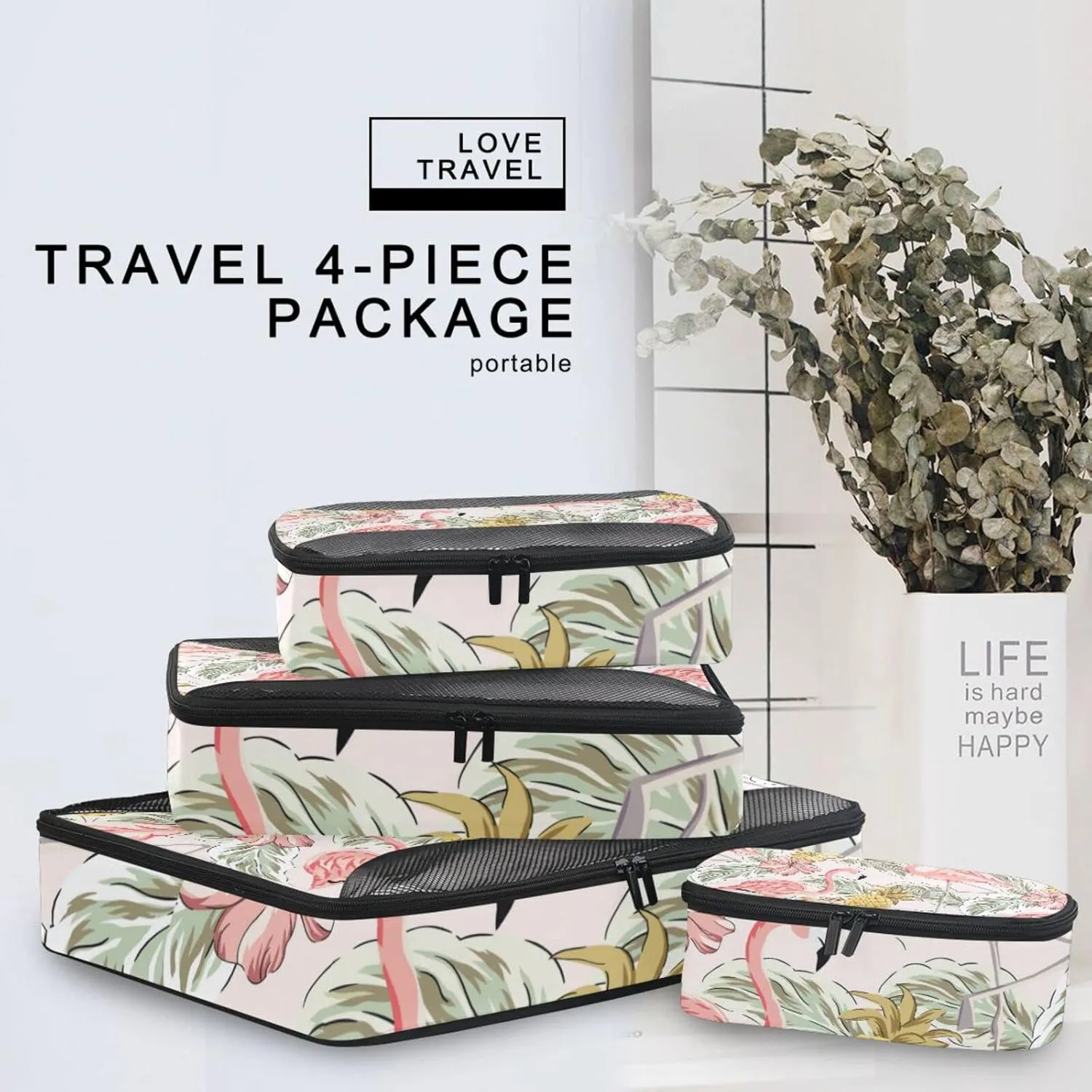Tropical Pink Flamingos Pineapples Hibiscus Flowers Palm leaves 4 PCs Set Packing Bags, Luggage Organizer Bag, Portable Cube Toiletry bag, Durable Travel Cosmetic Storage Bag for Men Women