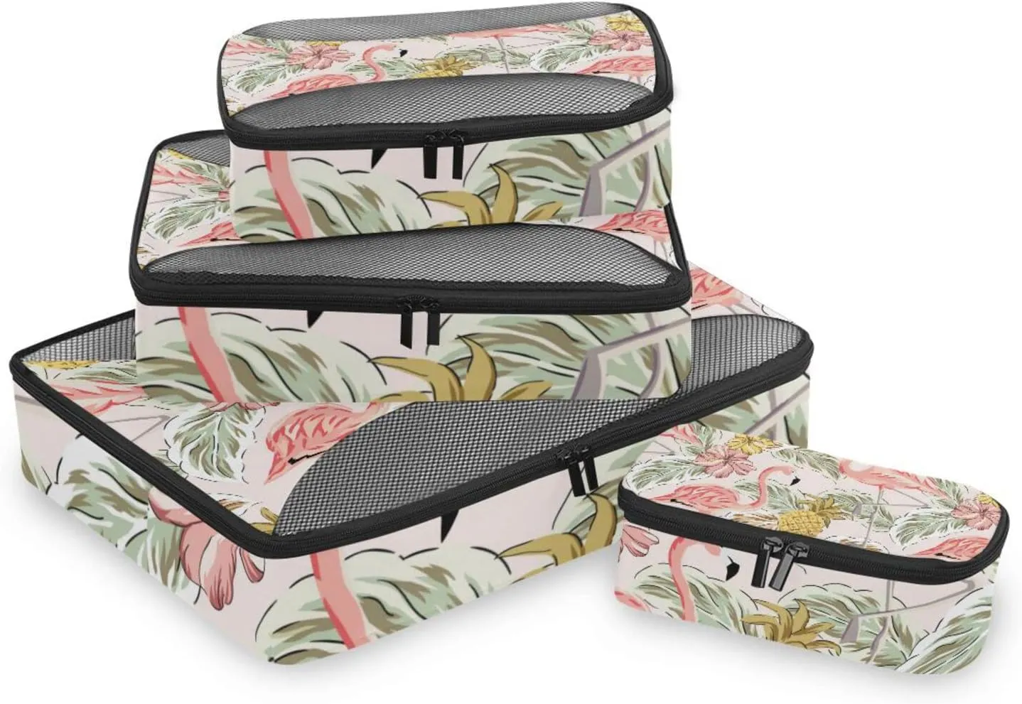 Tropical Pink Flamingos Pineapples Hibiscus Flowers Palm leaves 4 PCs Set Packing Bags, Luggage Organizer Bag, Portable Cube Toiletry bag, Durable Travel Cosmetic Storage Bag for Men Women