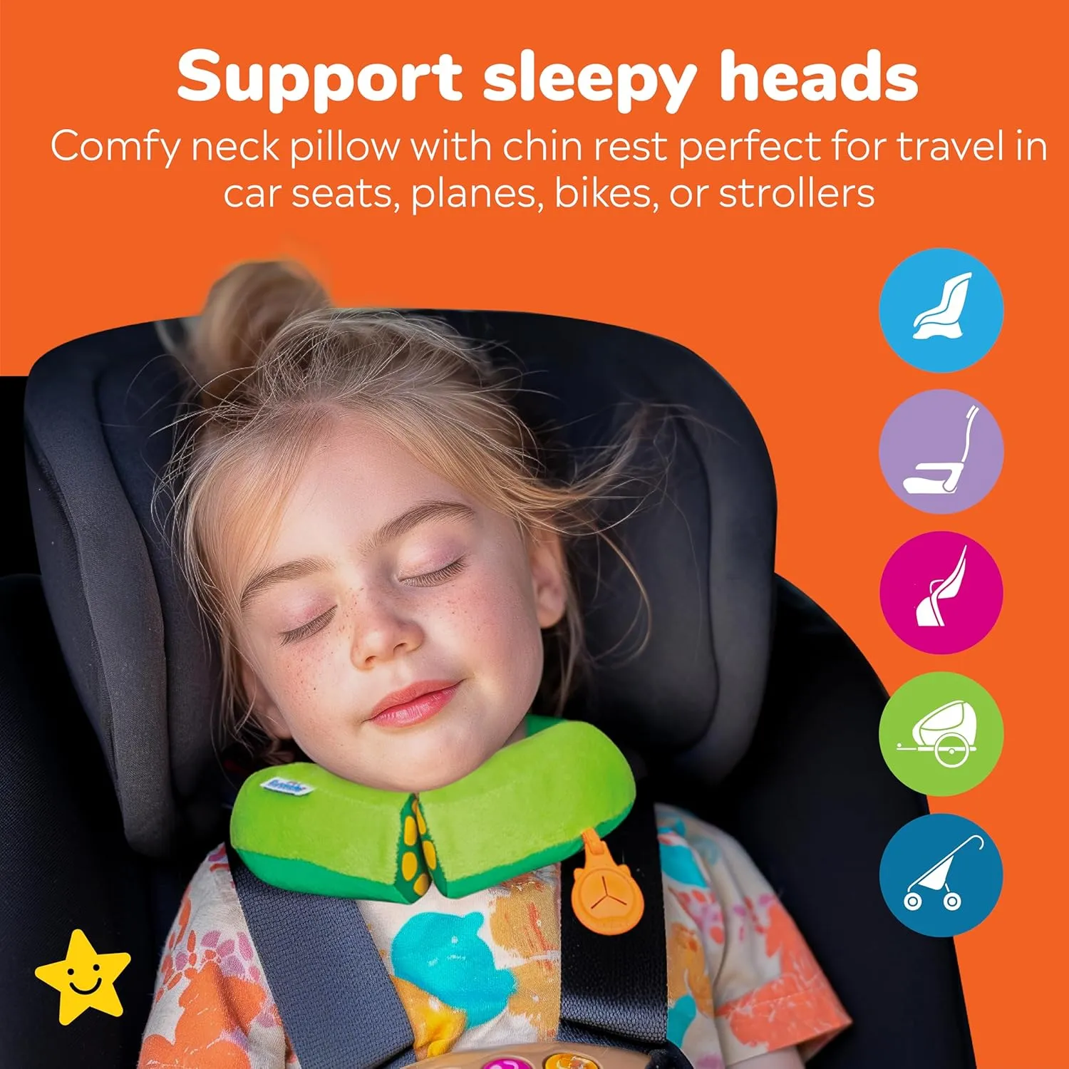 Trunki Kid's Travel Neck Pillow and Chin Rest | Support Sleepy Heads in The Car Seat, Plane, Bike or Pram | Yondi Small Dudley Dinosaur (Green)