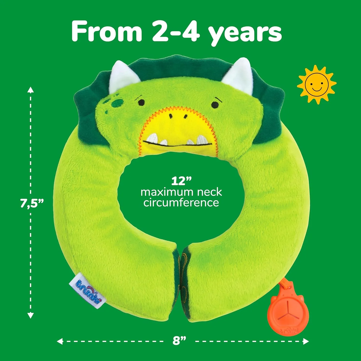 Trunki Kid's Travel Neck Pillow and Chin Rest | Support Sleepy Heads in The Car Seat, Plane, Bike or Pram | Yondi Small Dudley Dinosaur (Green)