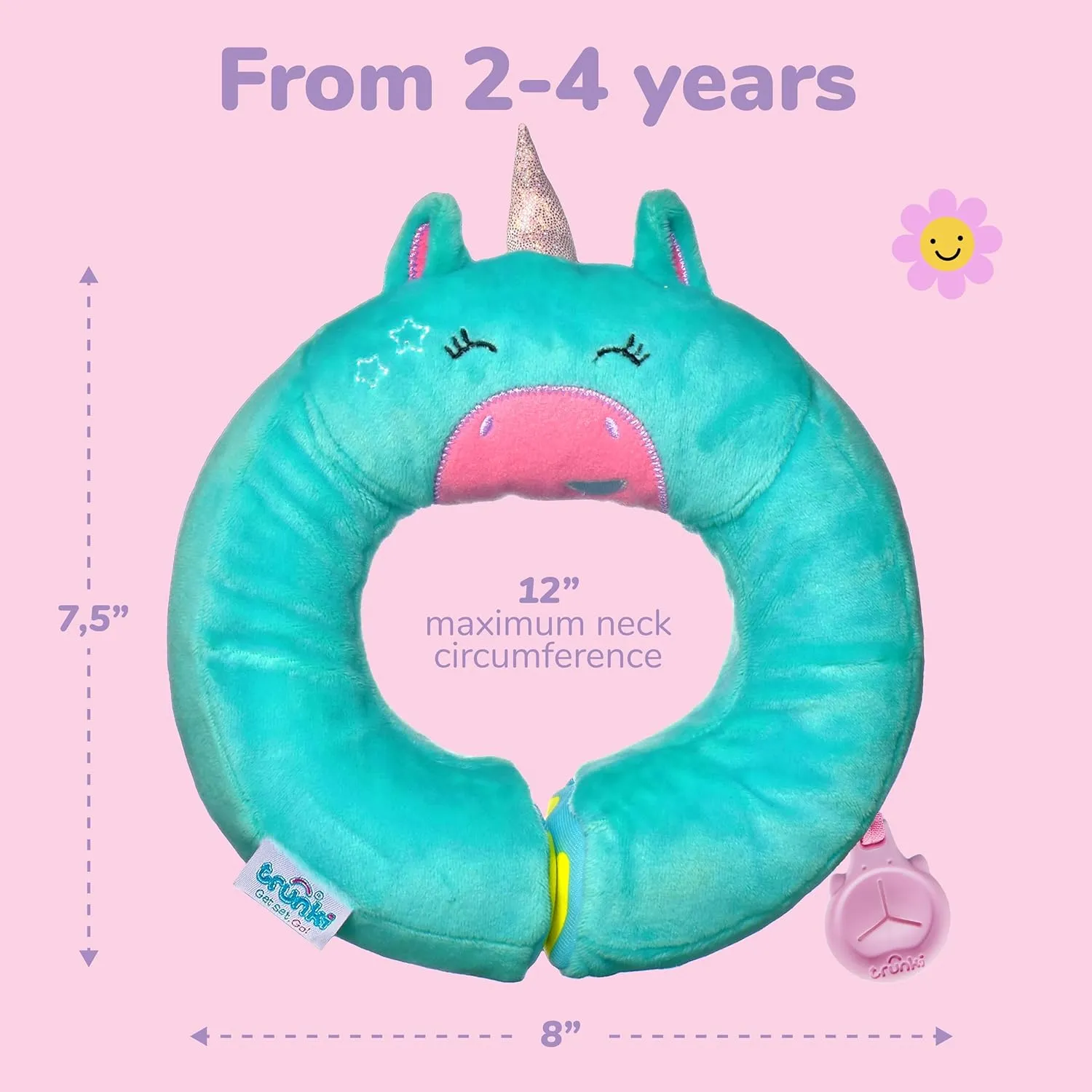 Trunki Kid's Travel Neck Pillow and Chin Rest | Support Sleepy Heads in The Car Seat, Plane, Bike or Pram | Yondi Small UNA Unicorn (Turquoise)