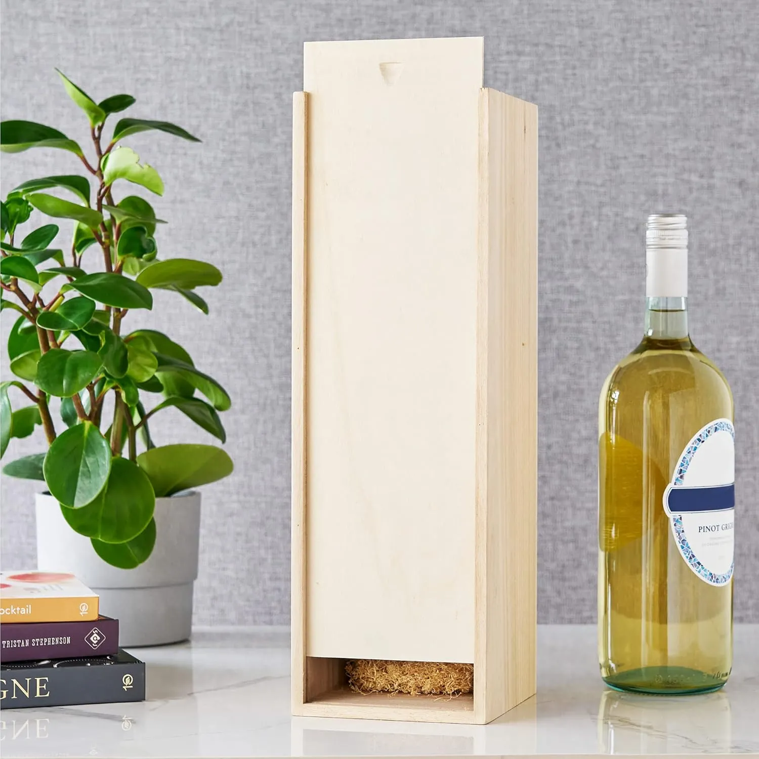 Twine Single Wooden Wine Box with Sliding Lid - Wine & Champagne Wooden Bottle Gift Box, Wood Grain, Packing Straw, Magnum fits 1 Bottle