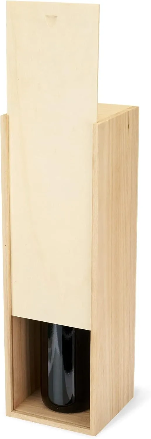 Twine Single Wooden Wine Box with Sliding Lid - Wine & Champagne Wooden Bottle Gift Box, Wood Grain, Packing Straw, Magnum fits 1 Bottle