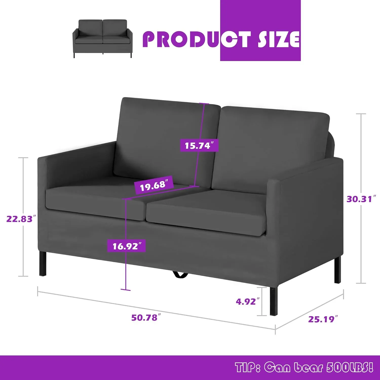 TYBOATLE Linen Fabric Modern Small Loveseat Sofa Couch for Living Room, 51" W Little Upholstered 2-Seater Mini Love Seats w/Iron Legs for Small Space, Apartment, Bedroom, Dorm, Office (Dark Grey)