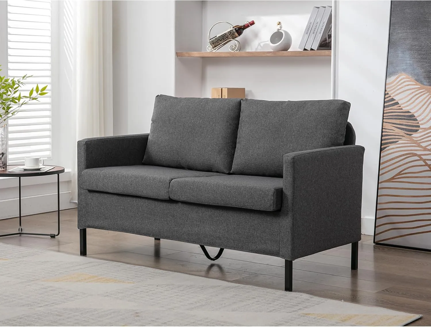 TYBOATLE Linen Fabric Modern Small Loveseat Sofa Couch for Living Room, 51" W Little Upholstered 2-Seater Mini Love Seats w/Iron Legs for Small Space, Apartment, Bedroom, Dorm, Office (Dark Grey)