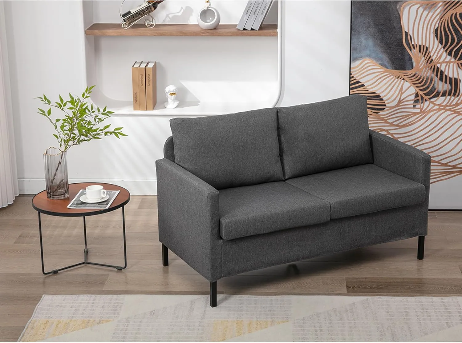TYBOATLE Linen Fabric Modern Small Loveseat Sofa Couch for Living Room, 51" W Little Upholstered 2-Seater Mini Love Seats w/Iron Legs for Small Space, Apartment, Bedroom, Dorm, Office (Dark Grey)