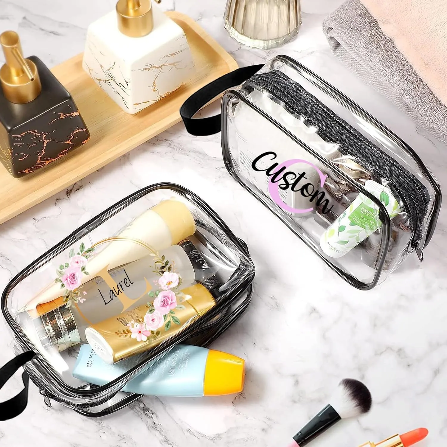 ubjva Personalized Makeup Bag Custom Clear Toiletry Bag for Women Name Monogrammed Cosmetic Pouch with Handle for Travel Wedding Birthday Gift-Monogrammed Template-S