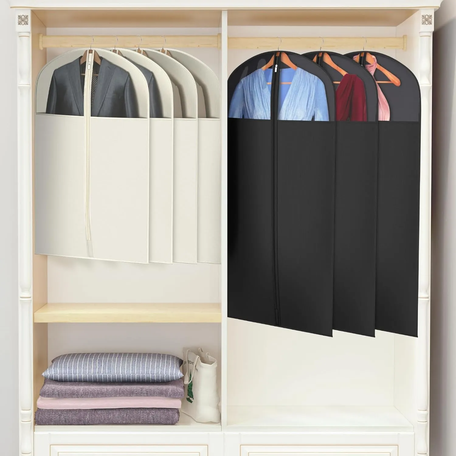 Univivi Suit Bags for Closet Storage, 40" Garment Bags for Hanging Clothes, Garment Bag for Travel and Storage with Large Visible Window for Suit Coat, Jacket, Sweaters (Set of 6), Biege