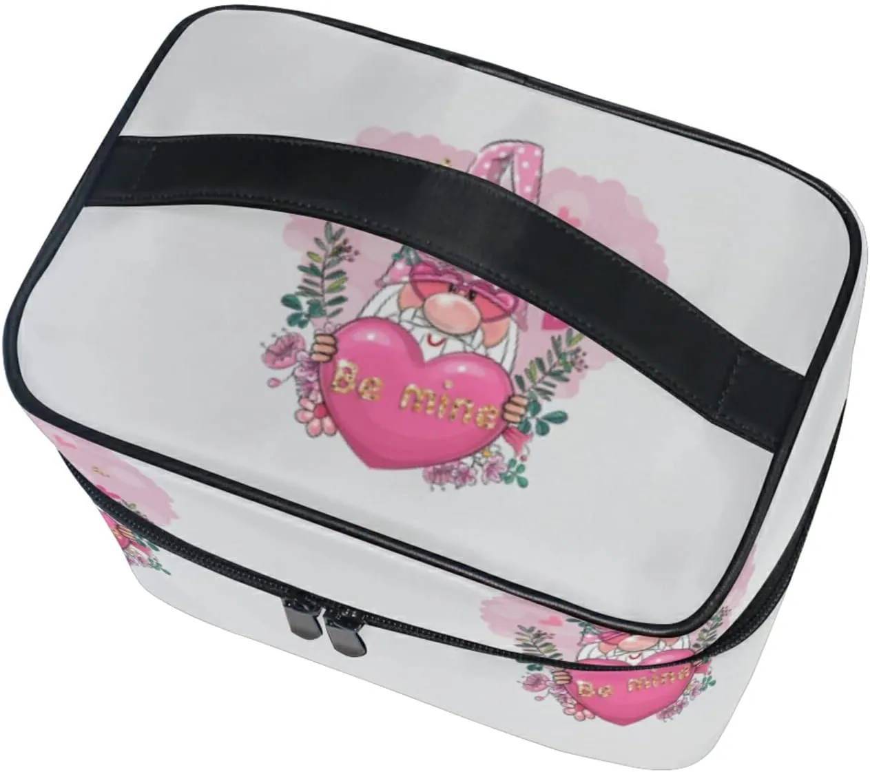 Valentine Be Mine Pink Gnome with Pink Heart, Flowers and Green Leaves Beauty Cosmetic with Zipper Brush Portable Storage Bag, Fashion printing Toiletry, Durable Travel Organizer Tote Unisex Gifts