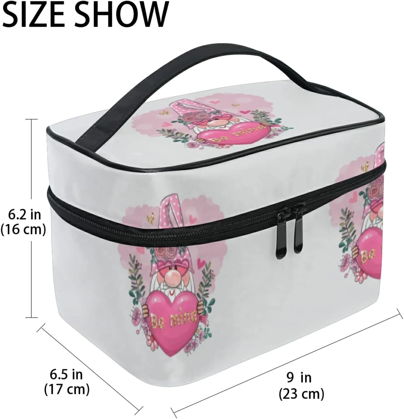 Valentine Be Mine Pink Gnome with Pink Heart, Flowers and Green Leaves Beauty Cosmetic with Zipper Brush Portable Storage Bag, Fashion printing Toiletry, Durable Travel Organizer Tote Unisex Gifts