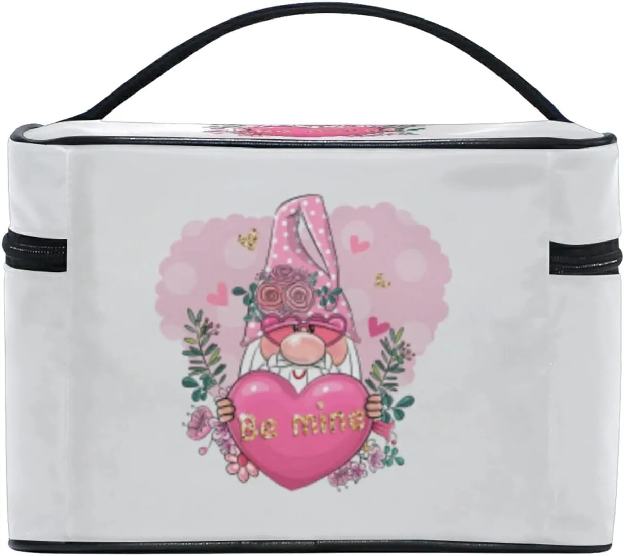 Valentine Be Mine Pink Gnome with Pink Heart, Flowers and Green Leaves Beauty Cosmetic with Zipper Brush Portable Storage Bag, Fashion printing Toiletry, Durable Travel Organizer Tote Unisex Gifts