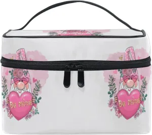 Valentine Be Mine Pink Gnome with Pink Heart, Flowers and Green Leaves Beauty Cosmetic with Zipper Brush Portable Storage Bag, Fashion printing Toiletry, Durable Travel Organizer Tote Unisex Gifts