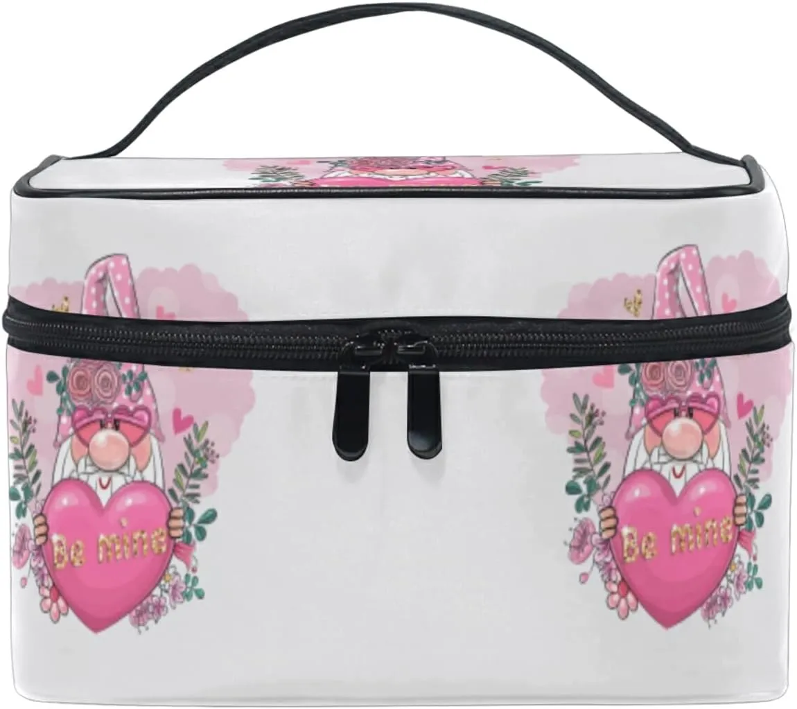 Valentine Be Mine Pink Gnome with Pink Heart, Flowers and Green Leaves Beauty Cosmetic with Zipper Brush Portable Storage Bag, Fashion printing Toiletry, Durable Travel Organizer Tote Unisex Gifts