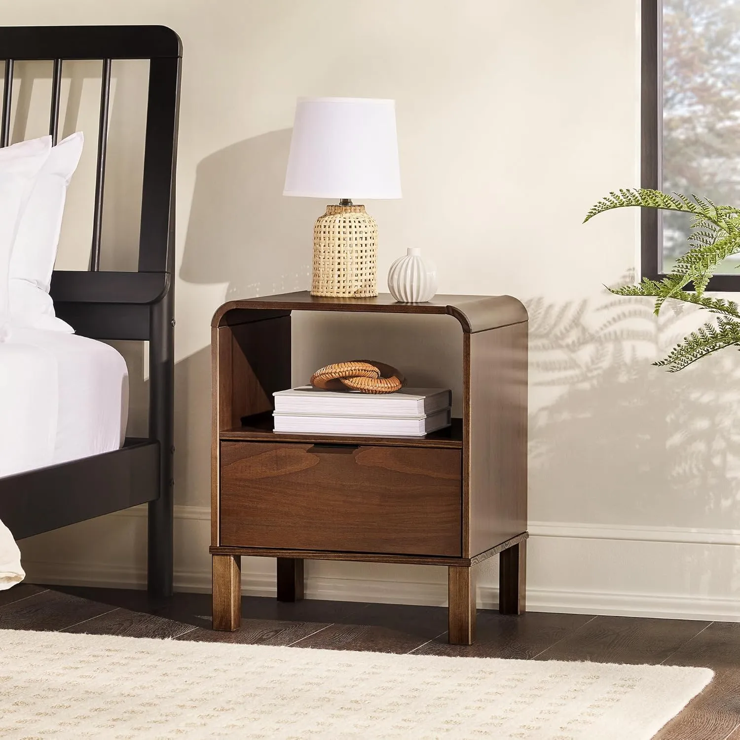 Walker Edison Modern Curved-Top Solid Wood 1-Drawer Nightstand with Open Cubby, 24 Inch, Brown