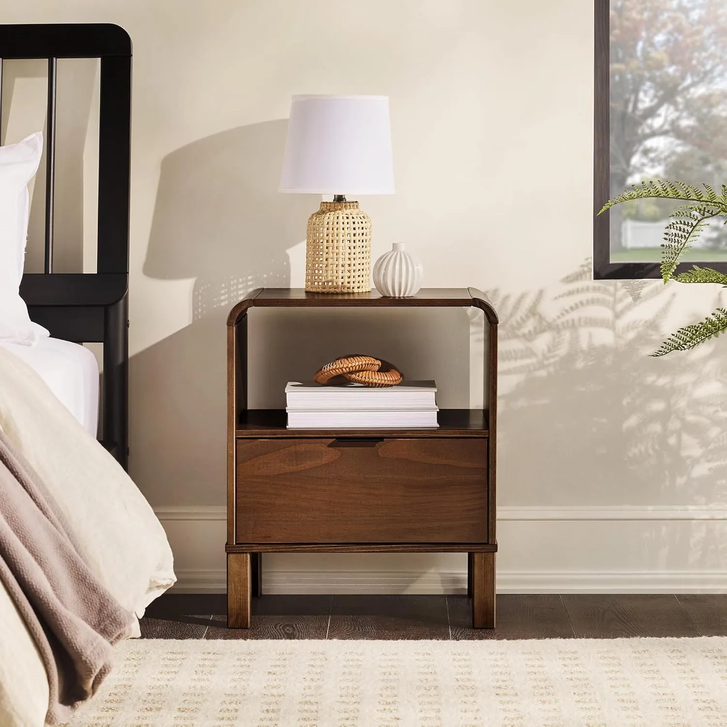 Walker Edison Modern Curved-Top Solid Wood 1-Drawer Nightstand with Open Cubby, 24 Inch, Brown