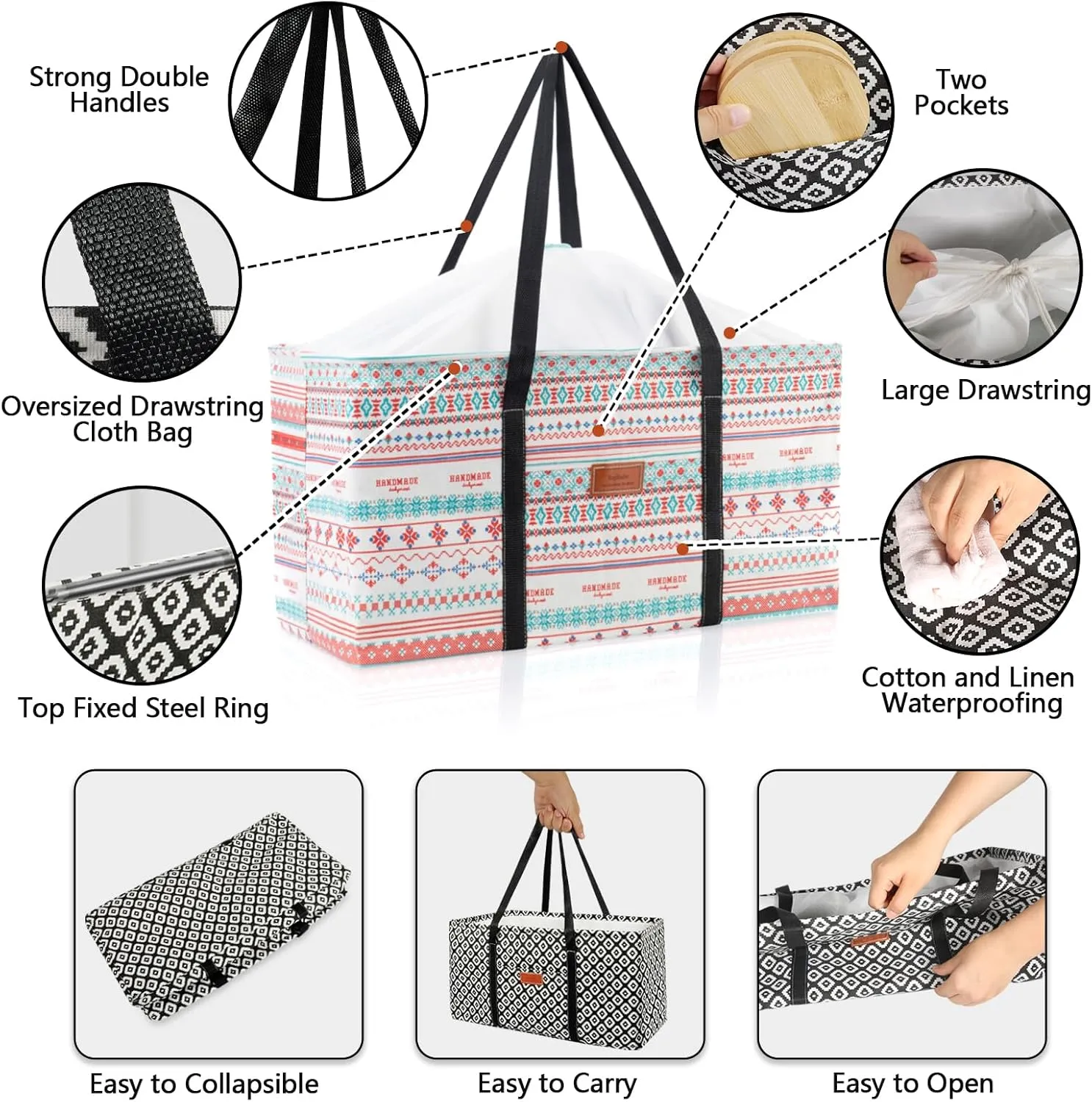 Waterproof Car Trunk Organizer Large Drawstring SUV Trunk Storage Organizer Collapsible Truck Bag Two pockets Long Strap Car Trunk Organizer for camping (Car Trunk Organizer-005)