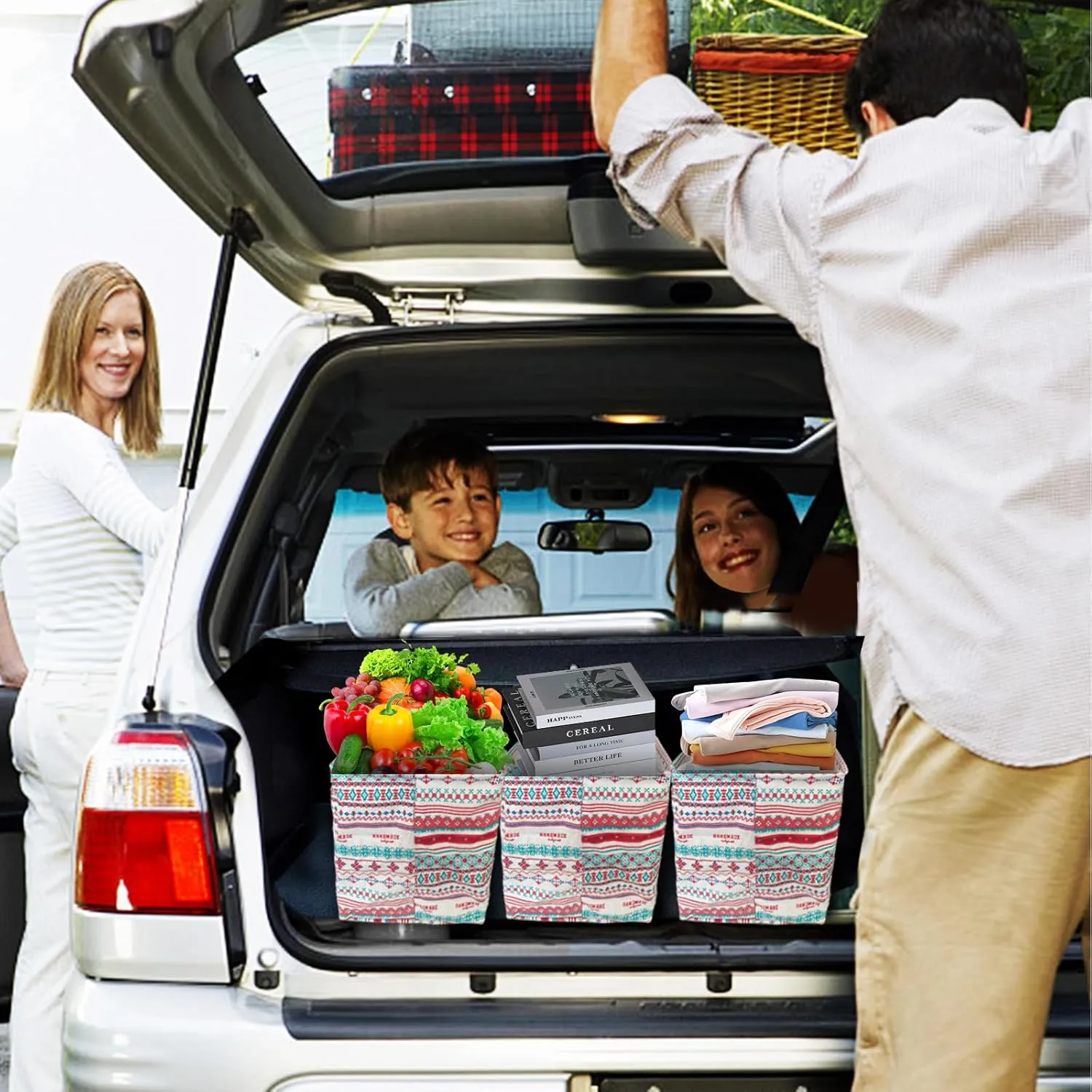 Waterproof Car Trunk Organizer Large Drawstring SUV Trunk Storage Organizer Collapsible Truck Bag Two pockets Long Strap Car Trunk Organizer for camping (Car Trunk Organizer-005)