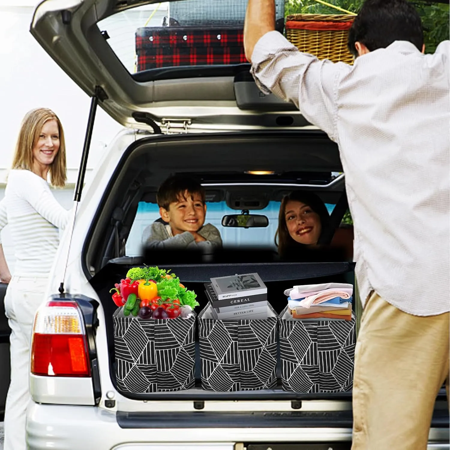 Waterproof Car Trunk Organizer Large Drawstring SUV Trunk Storage Organizer Collapsible Truck Bag Two pockets Long Strap Car Trunk Organizer for camping (Car Trunk Organizers-018)
