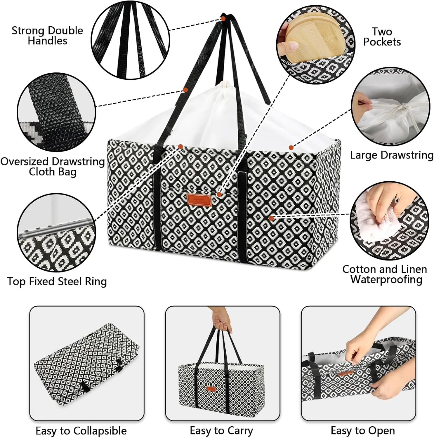 Waterproof Car Trunk Organizer Large Drawstring SUV Trunk Storage Organizer Collapsible Truck Bag Two pockets Long Strap Car Trunk Organizer for camping (Trunk Organizers-002)