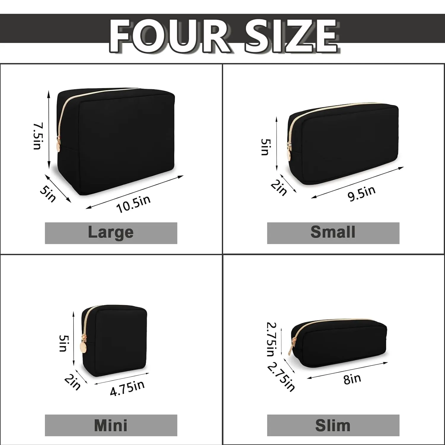 Waterproof Small Makeup Pouch for Purse,Nylon Travel Toiletry Storage Pouch Cute Preppy Cosmetic Bag for Women Girl,Waterproof Makeup Organizer Skincare Bag Purse with Zipper(Small-Black)