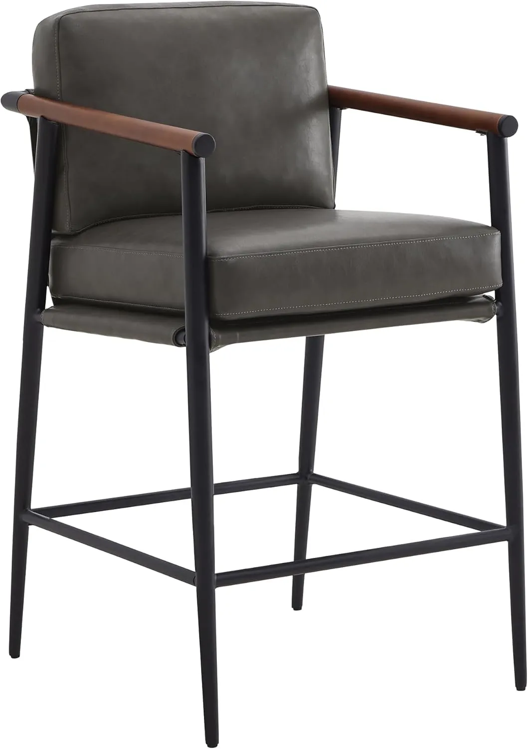 Watson & Whitely Mid Century Modern Barstools Set of 2, 26" H Upholstered Counter Height Bar Stools with Wood Armrests and Metal Legs, Faux Leather in Grey