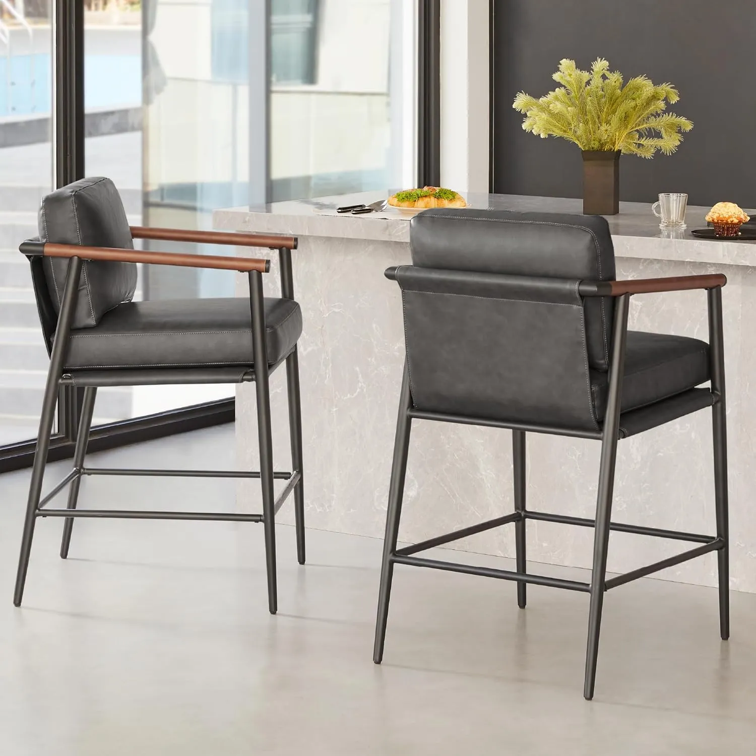 Watson & Whitely Mid Century Modern Barstools Set of 2, 26" H Upholstered Counter Height Bar Stools with Wood Armrests and Metal Legs, Faux Leather in Grey
