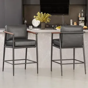 Watson & Whitely Mid Century Modern Barstools Set of 2, 26" H Upholstered Counter Height Bar Stools with Wood Armrests and Metal Legs, Faux Leather in Grey