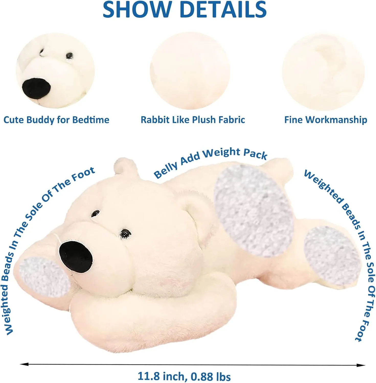 Weighted Stuffed Animals, Weighted Bear Stuffed Animal Toy Cute White Bear Plush Pillow Weighted Plush Animals Toy, 11.8"