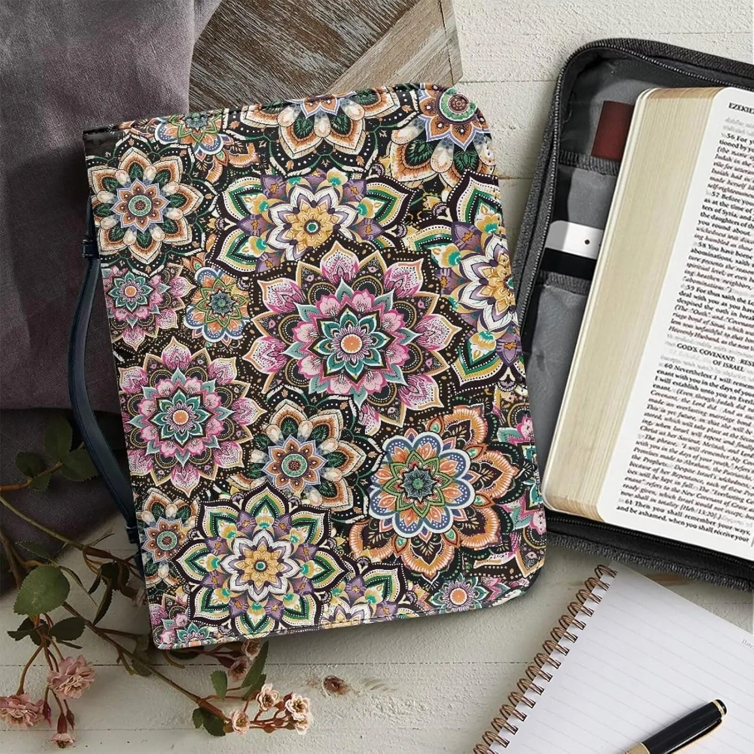 Western Aztec Printed Bible Cover for Women Girls Waterproof Church Pouch Bible Protective Bible Cover Carrying Bag Portable Top Handle Zipper Tote Bag,Bible Bag with Multi-Pocket