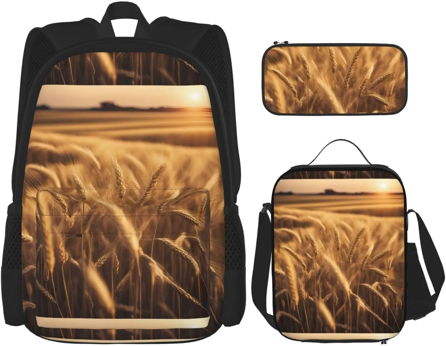 Wheat Field print Minimalist Backpack Three Piece Travel Backpack Set Adjustable Shoulder Bag