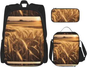 Wheat Field print Minimalist Backpack Three Piece Travel Backpack Set Adjustable Shoulder Bag