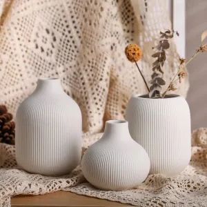 White Ceramic Vases for Decor, Modern Minimalist Decorative Vase Set of 3, Neutral Small Ribbed Vases for Table Shelf Decor, Bookshelf Entryway Decoration Vase