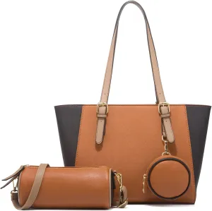 Women 3pcs Tote Shoulder Handbag Purse Set Faux Leather Cylindrical Crossbody Bag Coin Wallet