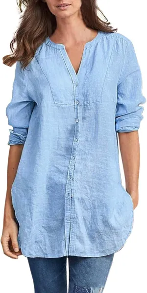 Women Button Down Linen Shirts Roll Up Sleeve 3/4 Sleeve Summer Tops Loose Fit Casual V Neck Blouse 2025 Trendy Outfit