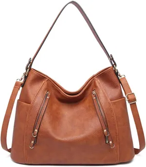 Women Retro Purse and Handbag Faux Leather Satchel Tote Zipper Top-handle Shoulder Bag Brown