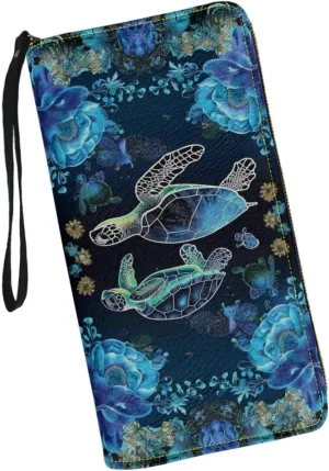 Women Wallets Blue Sea Turtle Floral Design Zipper Purse Multiple Card Slots Clutch Wristlet