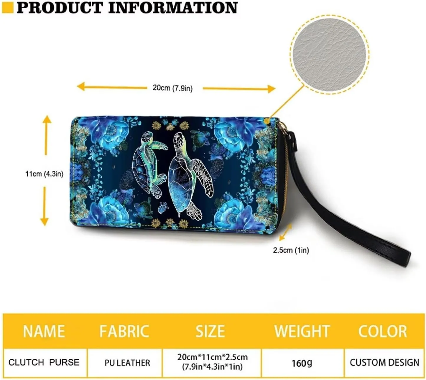 Women Wallets Blue Sea Turtle Floral Design Zipper Purse Multiple Card Slots Clutch Wristlet