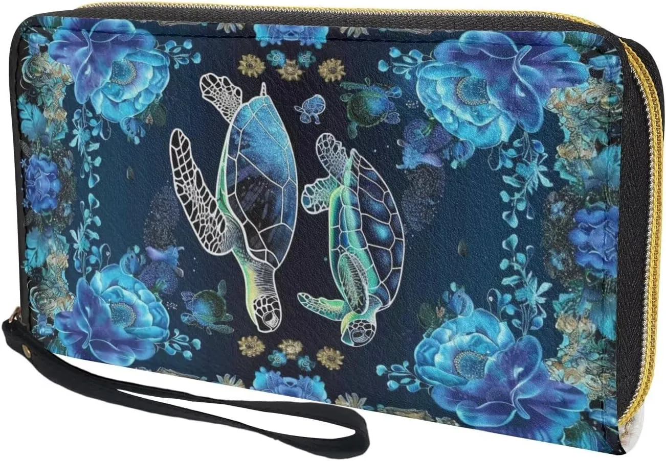 Women Wallets Blue Sea Turtle Floral Design Zipper Purse Multiple Card Slots Clutch Wristlet