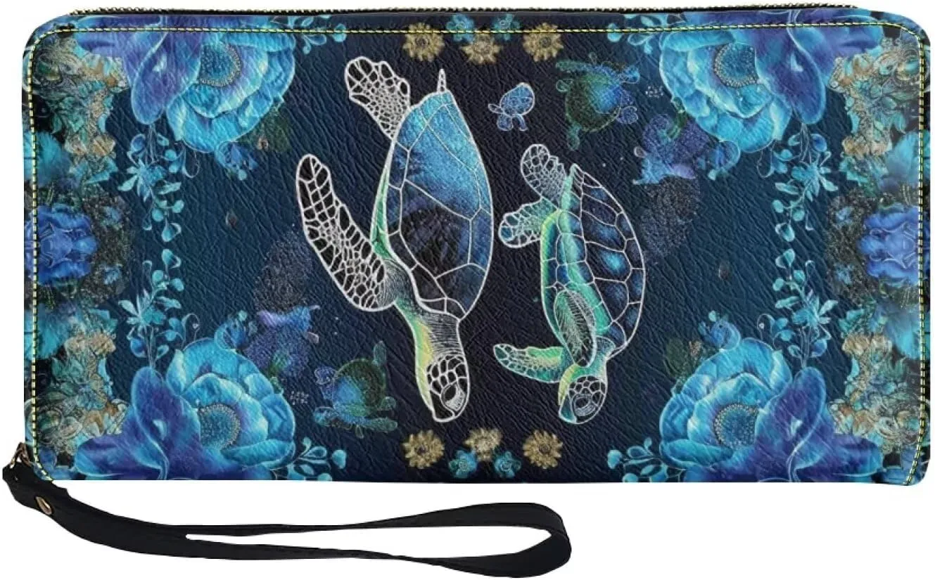 Women Wallets Blue Sea Turtle Floral Design Zipper Purse Multiple Card Slots Clutch Wristlet