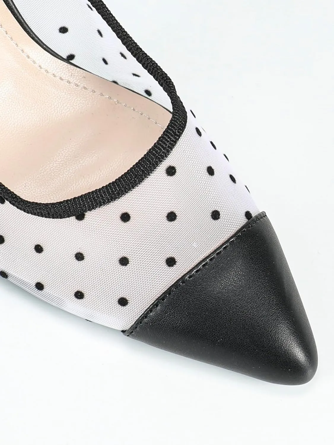 Women's Black and White Polka-Dot Mesh Pointed-Toe High-Heel Sandals with Black Leather Accents and Bow Decoration, Elegant Evening Shoes, Trendy Party Footwear, Chic Peep-Toe Heels