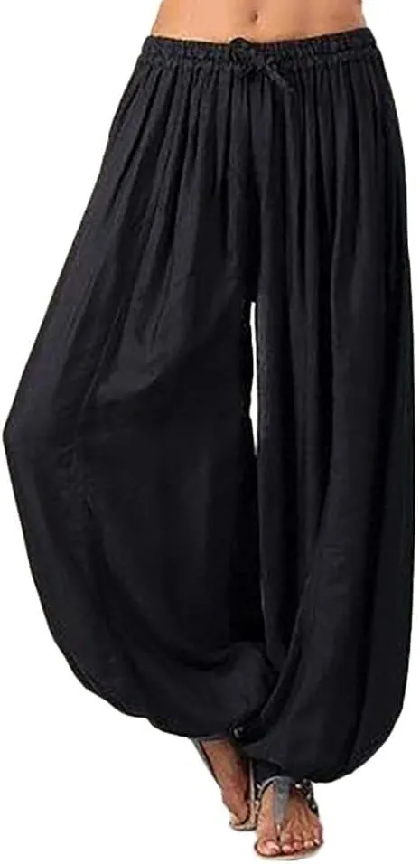 Women's Cotton Linen Baggy Harem Pants Casual Solid Drawstring Elastic Waisted Boho Yoga Hippie Gypsy Aladdin Lounge Trousers