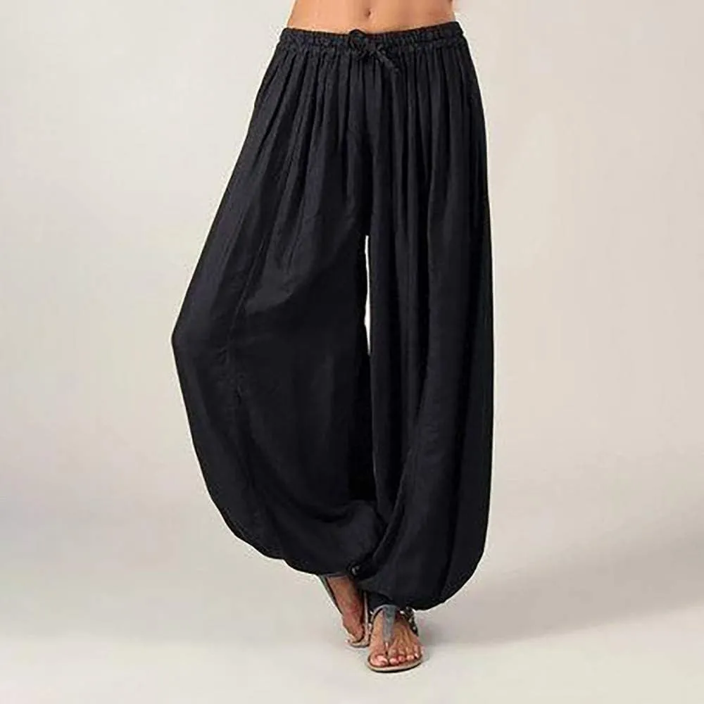 Women's Cotton Linen Baggy Harem Pants Casual Solid Drawstring Elastic Waisted Boho Yoga Hippie Gypsy Aladdin Lounge Trousers