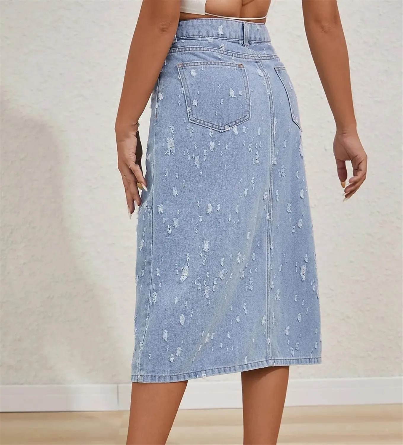 Women's Denim Skirt High Waist Distressed Fashion A-Line Midi Jean Skirt