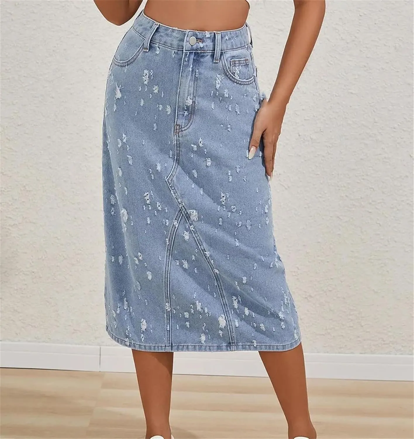 Women's Denim Skirt High Waist Distressed Fashion A-Line Midi Jean Skirt